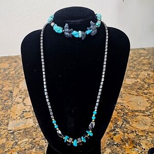 Hematite and turquoise necklace and bracelet with carved bears